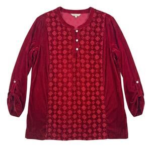 John Mark Women's L Whimsigoth Boho Romantic Red Embroidered Velvet Henley Tunic